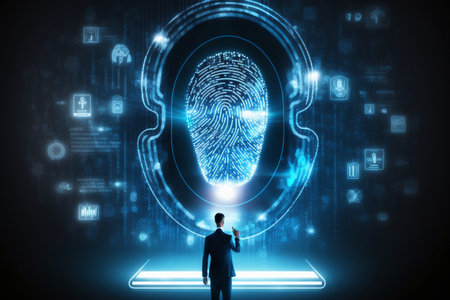 Biometrics identification and cyber security concept. Glowing neon fingerprint on dark background.の素材