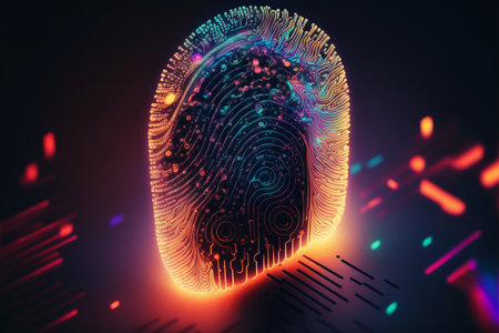 Biometrics identification and cyber security concept. Glowing neon fingerprint on dark background.の素材