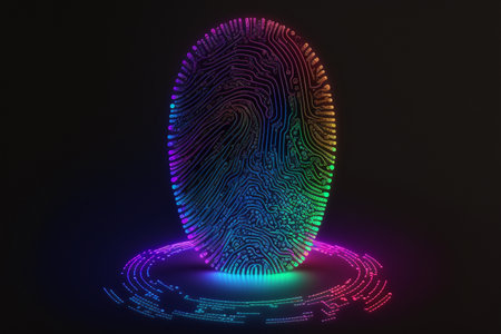 Biometrics identification and cyber security concept. Glowing neon fingerprint on dark background.の素材