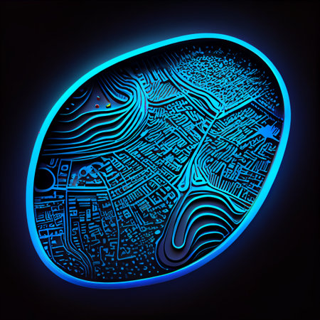 Biometrics identification and cyber security concept. Glowing neon fingerprint on dark background.の素材