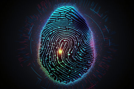 Biometrics identification and cyber security concept. Glowing neon fingerprint on dark background.の素材