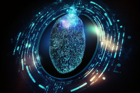 Biometrics identification and cyber security concept. Glowing neon fingerprint on dark background.の素材