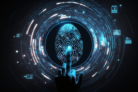 Biometrics identification and cyber security concept. Glowing neon fingerprint on dark background.の素材