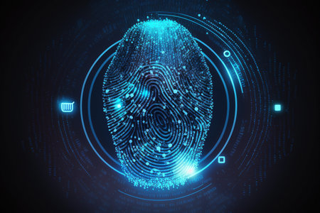 Biometrics identification and cyber security concept. Glowing neon fingerprint on dark background.の素材