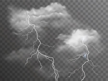 Vector realistic stormy clouds with lightning effects isolated on dark backgroundのイラスト素材