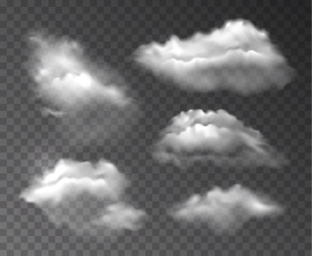 Vector collection of realistic transparent clouds isolated on dark backgroundのイラスト素材