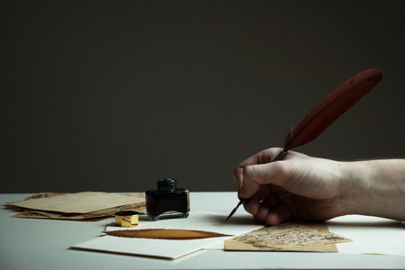 Scene with a man's hand writing a letter or story with vintage quill and old pieces of paper on white table - with copy space for textの写真素材