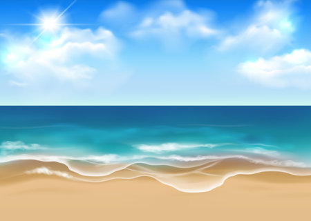 Vector realistic sunny beach landscape with blue sky and cloudsのイラスト素材