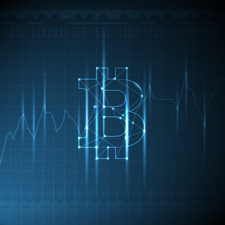 Vector cryptocurrency themed illustration with glowing bitcoin sign and mesh with growing graphのイラスト素材