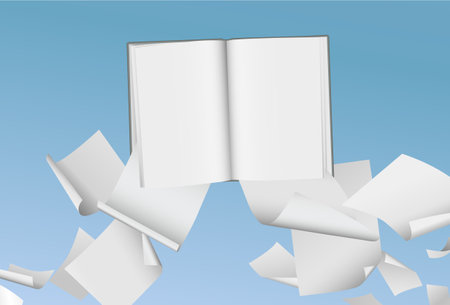 Vector blank book with white pages flying from it on blue sky backgroundのイラスト素材