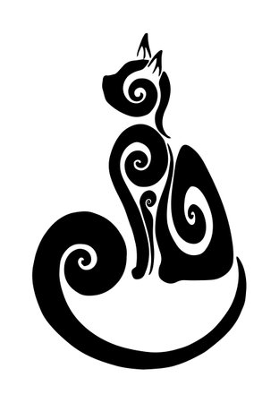 Black vector ornamental cat drawing or tattoo design isolated on white backgroundのイラスト素材