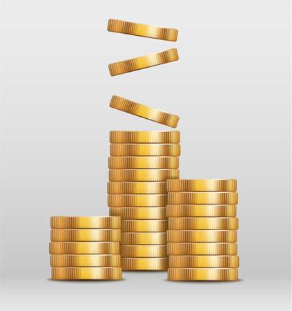 Vector shiny gold coins in three stacks with another falling down isolated on white background - finance, investment and savings conceptのイラスト素材