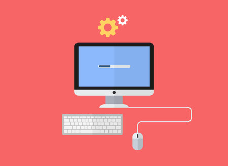 Flat design vector computer with installation process bar and settings icon isolated on red backgroundのイラスト素材