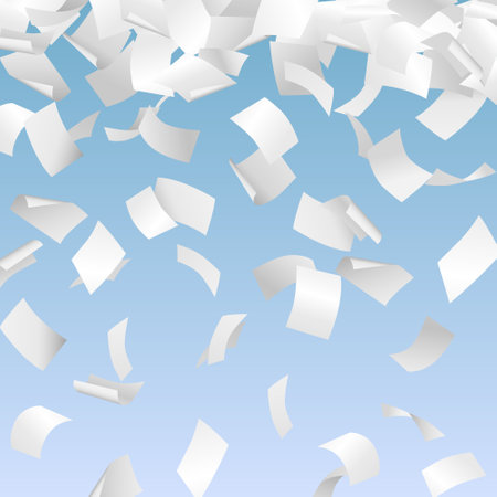 Vector illustration of 3d falling white papers - paperwork, documents, advertisement, bureaucracy conceptのイラスト素材