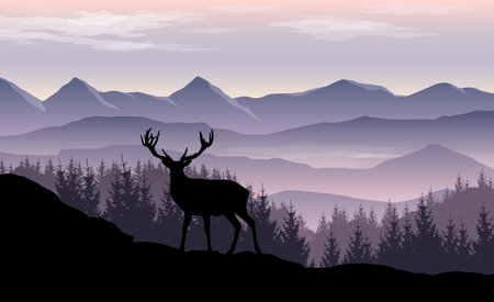 Vector landscape with misty mountains, forest and silhouette of deerのイラスト素材