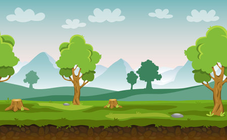Flat cartoon vector seamless landscape with trees, hills and mountains in the background for your gameのイラスト素材