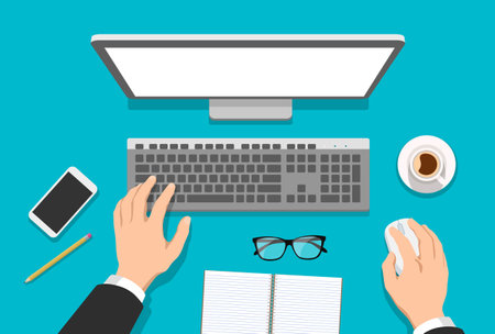 Vector flat illustration of man's hands working on computer with coffee, notebook, glasses and phone on the table - top view workplaceのイラスト素材