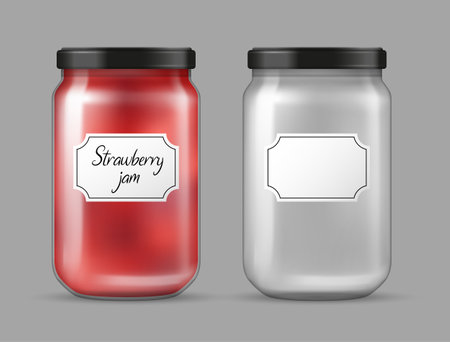 Vector realistic transparent glass jar - empty and filled with strawberry jam isolated on gray backgroundのイラスト素材