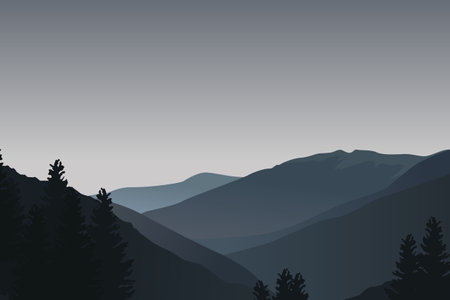 Landscape with dark blue silhouettes of mountains, hills and trees - vector illustrationのイラスト素材