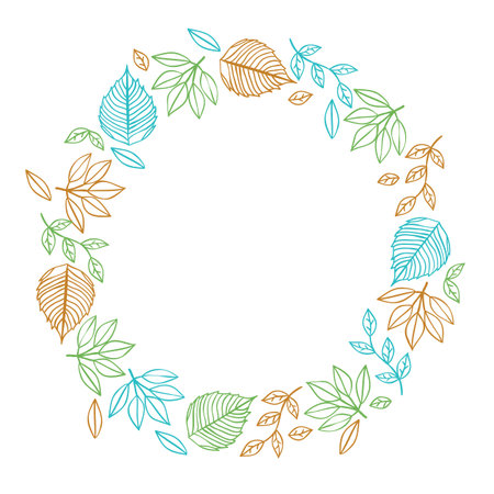 Vector hand drawn round frame with pastel colored leaves isolated on white backgroundのイラスト素材