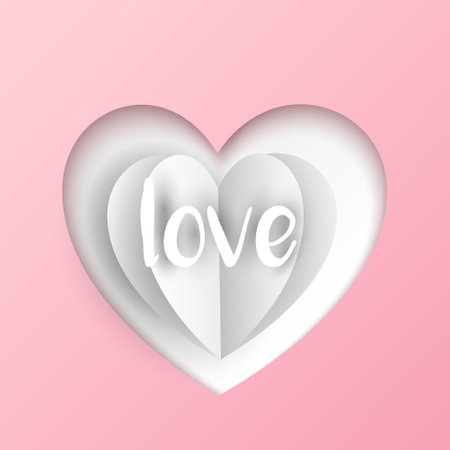 Vector cut out heart with folded paper heart and text on pastel pink backgroundのイラスト素材