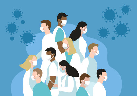 Vector flat illustration group of doctors and nurses fighting dangerous virus together on blue backgroundのイラスト素材