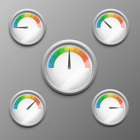 Vector realistic 3d benchmarking clock with different positions isolated on gray backgroundのイラスト素材