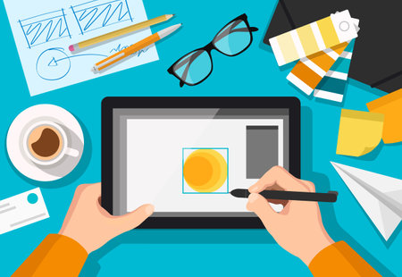 Vector flat style illustration of designers workplace in top viewのイラスト素材