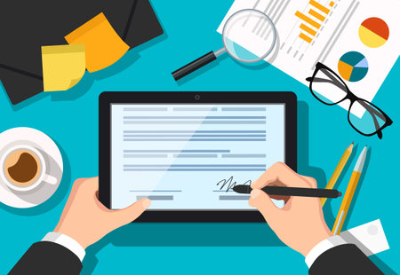 Vector flat illustration of man signing online form on his tablet with documents and working equipment on his tableのイラスト素材