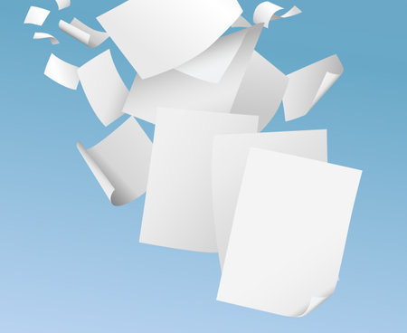 Flying blank papers on blue sky vector illustration - paperwork, office documents of flyers conceptのイラスト素材