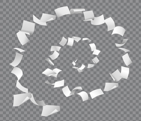 Vector papers flying in spiral isolated on transparent background - design element, paperwork conceptのイラスト素材