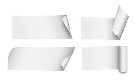 Set of four blank vector paper stripes or banners with rolled corners and edges isolated on white backgroundのイラスト素材