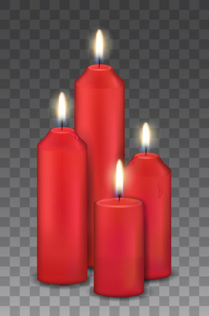 Vector realistic group of four red burning candles - advent, christmas decorationsのイラスト素材