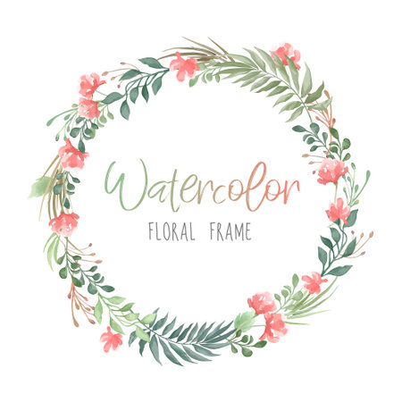 Vector romantic round floral frame with plants and flowers in watercolor style isolated on white background - great for invitation or greeting cardsのイラスト素材