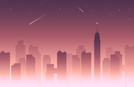 Vector simple city landscape with silhouettes of tall buildings and purple sky with falling stars - seamless backgroundのイラスト素材