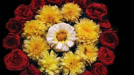 Indian flower decoration in holy water. It's a Hindu religion to pray to the god with the beautiful flower decorationの写真素材