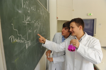 Frankfurt, Germany - June 2, 2009 - Two young chemistry scientists after winning german award "Jugend forscht"のeditorial素材