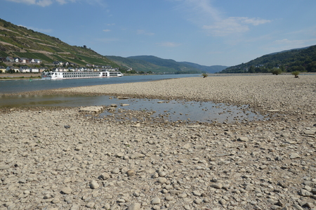 Bacharach, Germany - August 22, 2015: River rhine during heavy drought in summertime because of global warmingの写真素材