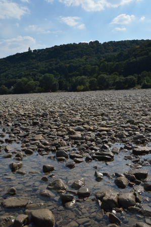 Bacharach, Germany - August 22, 2015: River rhine during heavy drought in summertime because of global warmingのeditorial素材