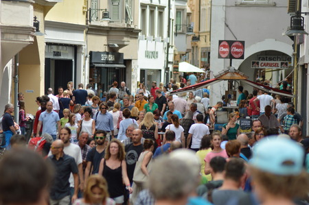 Bolzano, Italy - July 29, 2015: Tourists and shoppers fill the city of Bolzano during summertimeのeditorial素材