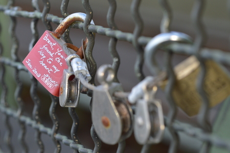 Cologne, Germany - September 25, 2015 - Locks with messages of lovers on Hohenzollern bridge as a symbol of everlasting loveのeditorial素材