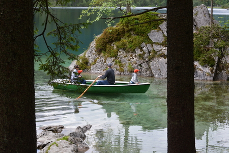 Ramsau, Germany - June 10, 2017 - Beautiful lake Hintersee in German alps with rowing boatのeditorial素材