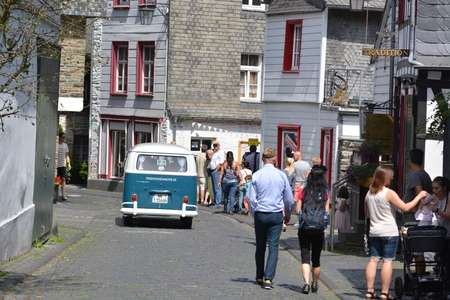 Monschau, Germany - July 22, 2017: Monschau is picturesque town in the hills of the North Eifel Nature Park in Rur river valley and popular tourist destination with many well-preserved half-timbered houses in historic town center.のeditorial素材