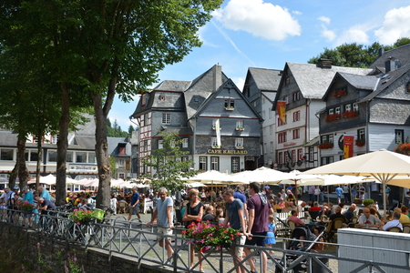 Monschau, Germany - July 22, 2017: Monschau is picturesque town in the hills of the North Eifel Nature Park in Rur river valley and popular tourist destination with many well-preserved half-timbered houses in historic town center.のeditorial素材