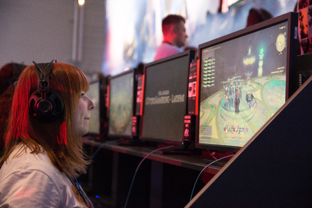Cologne, Germany - August 24, 2017 - Young people at worlds biggest trade show for video games Gamescom in Cologne playing Final Fantasy XIVのeditorial素材