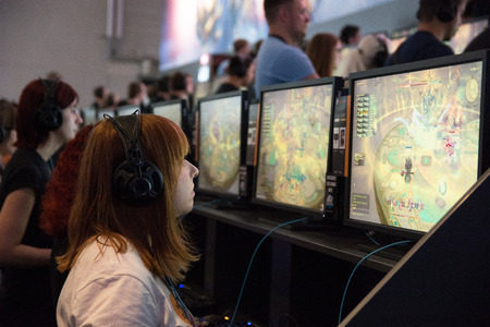 Cologne, Germany - August 24, 2017 - Young people at worlds biggest trade show for video games Gamescom in Cologne playing Final Fantasy XIVのeditorial素材