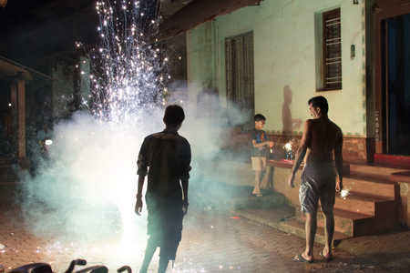 Mumbai, India - July 8, 2018 - Indian people celebrate diwali festival with fireworksのeditorial素材