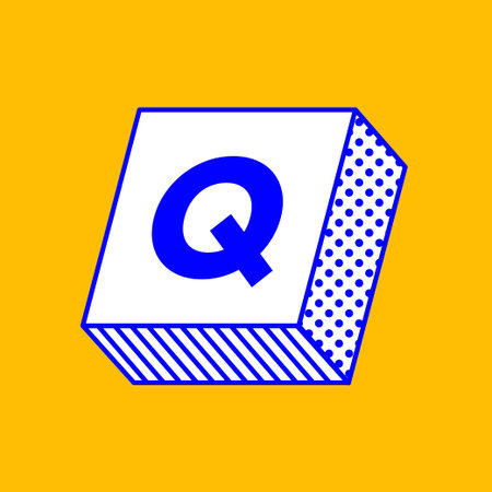 Letter Q sign design template element. Vector. Blue 3d icon on yellow background.