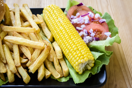 American food - hamburgers, fries, cornの写真素材