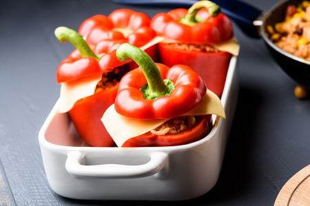 Preparation of stuffed chili peppersの写真素材